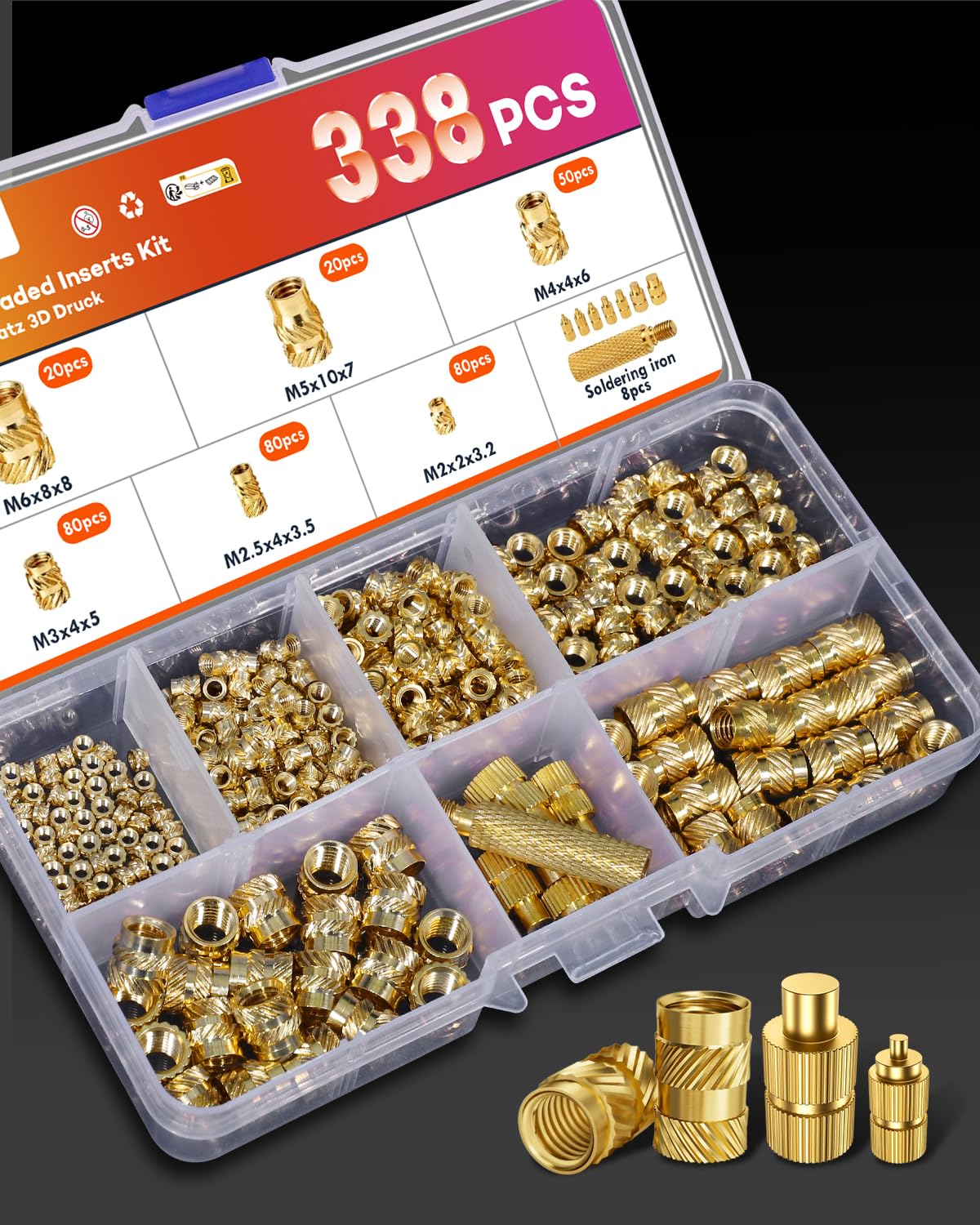 338 inserti filettati con stampa 3D, M2 M2.5 M3 M4 M5 M6, filettatura a fusione con saldatore, set di dadi in ottone, zigrinati con stampa 3D