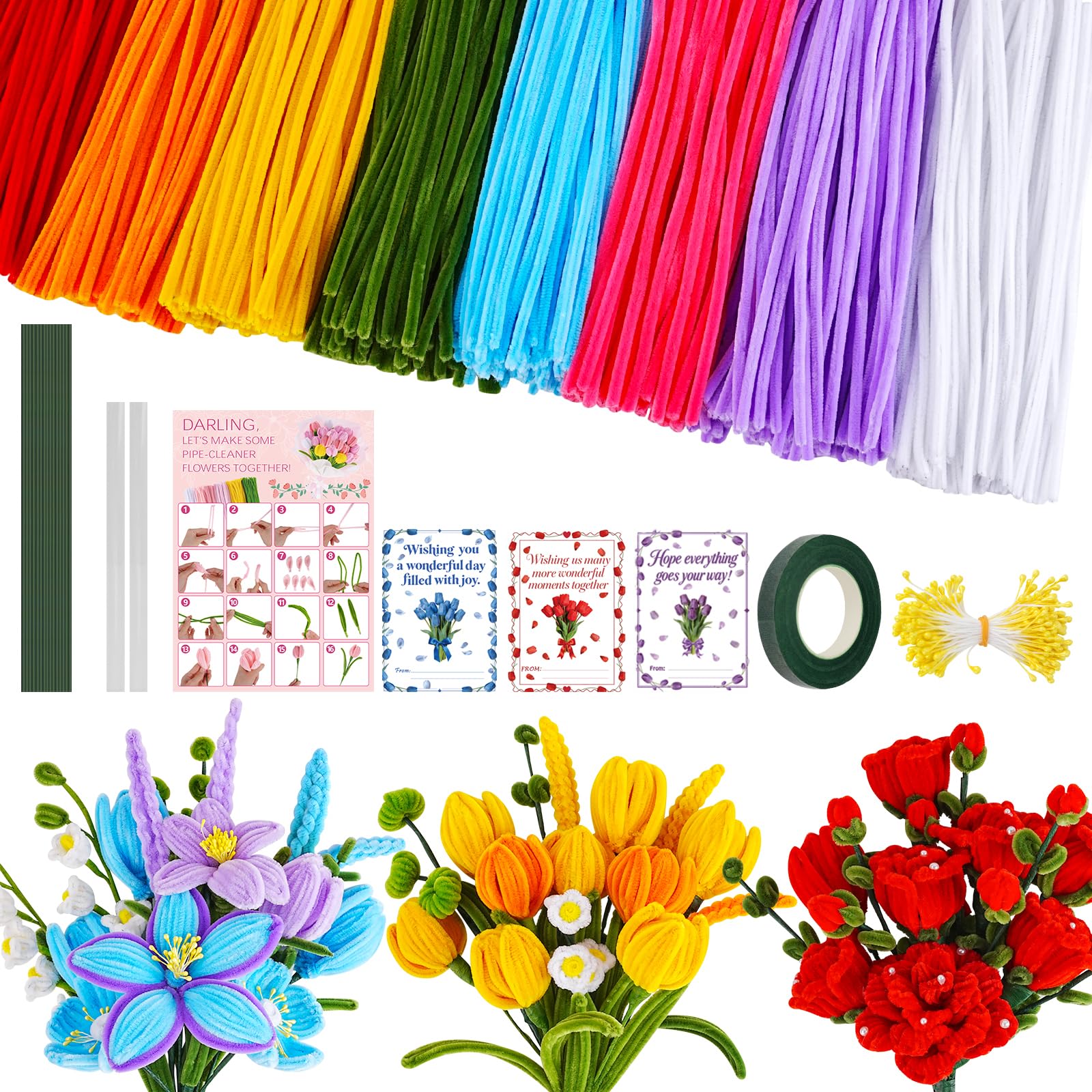 800PCS Pipe Cleaners Flower Kit, Pipe Cleaner Bulk Craft Flower Making Kit with Instruction, 8 Colors Thick Chenille Stems for Arts DIY Craft Supplies with Greeting Card, Floral Wires, Tape, Stamen