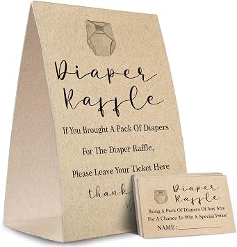 Kraft Paper Diaper Raffle Sign,Diaper Raffle Baby Shower Game Kit 1 Standing Sign + 50 Guessing Cards,Baby Showers Decorations,Card for Baby Shower Game to Bring a Pack of Diapers-NPZ03