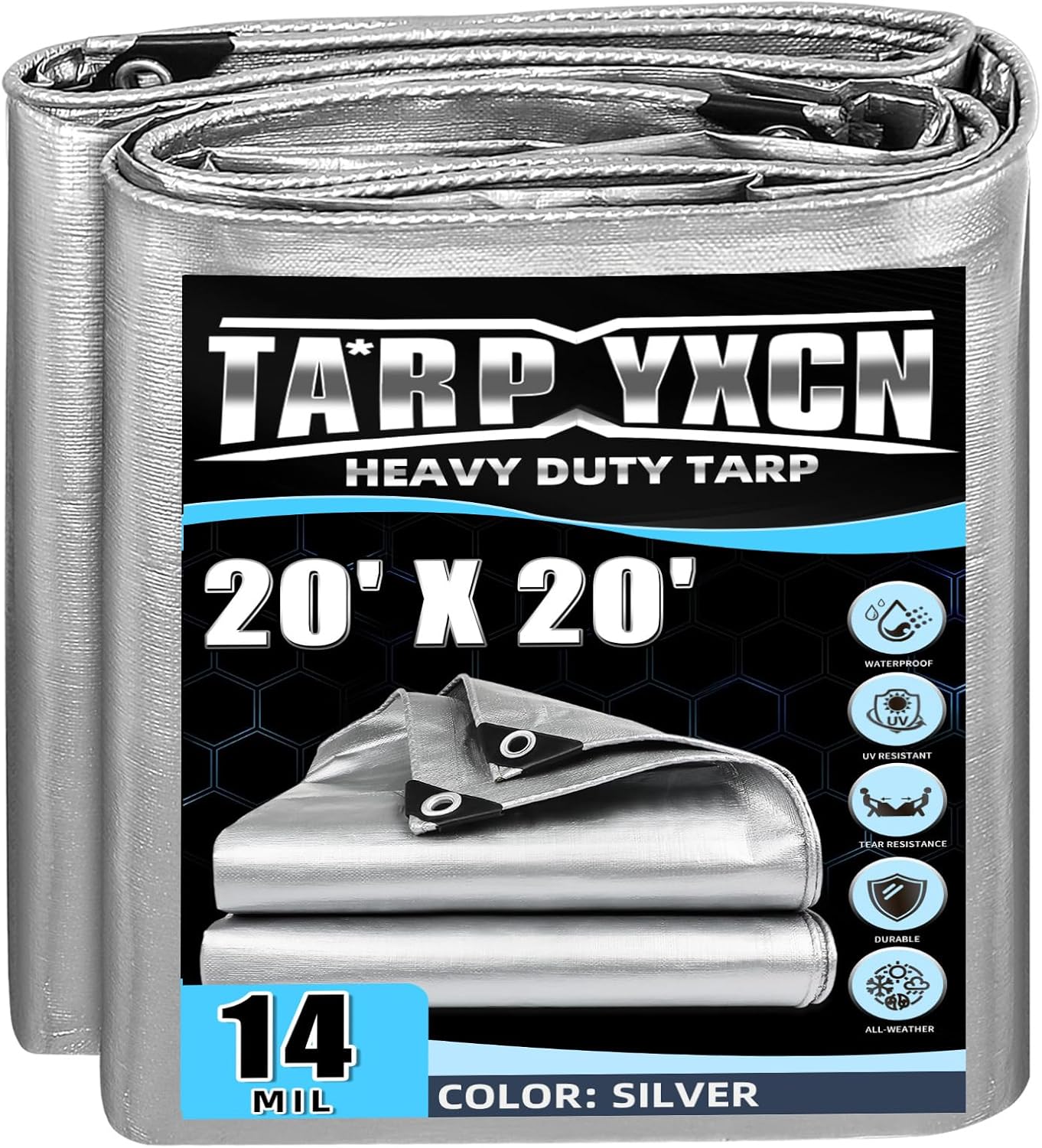 Heavy Duty Tarp 20x20 Feet, 14 Mil Waterproof Poly Tarps Cover UV Resistant, Rip & Tear Proof with Metal Grommets Every 20 Inches Silver Tarp by TA*RP YXCN