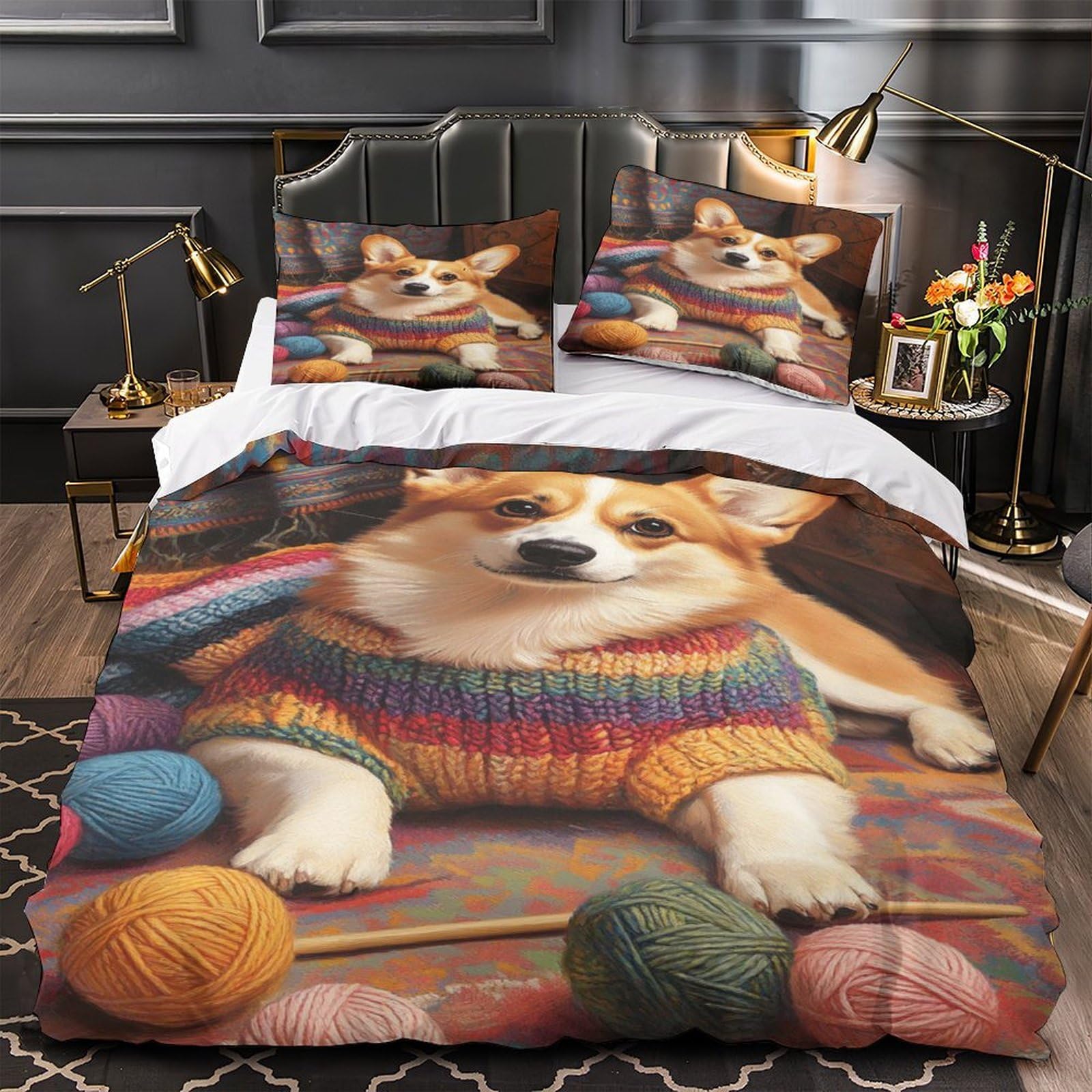 Housse de couette Corgi en microfibre respirante 260x220 cm avec 2 taies d'oreiller multicolores
