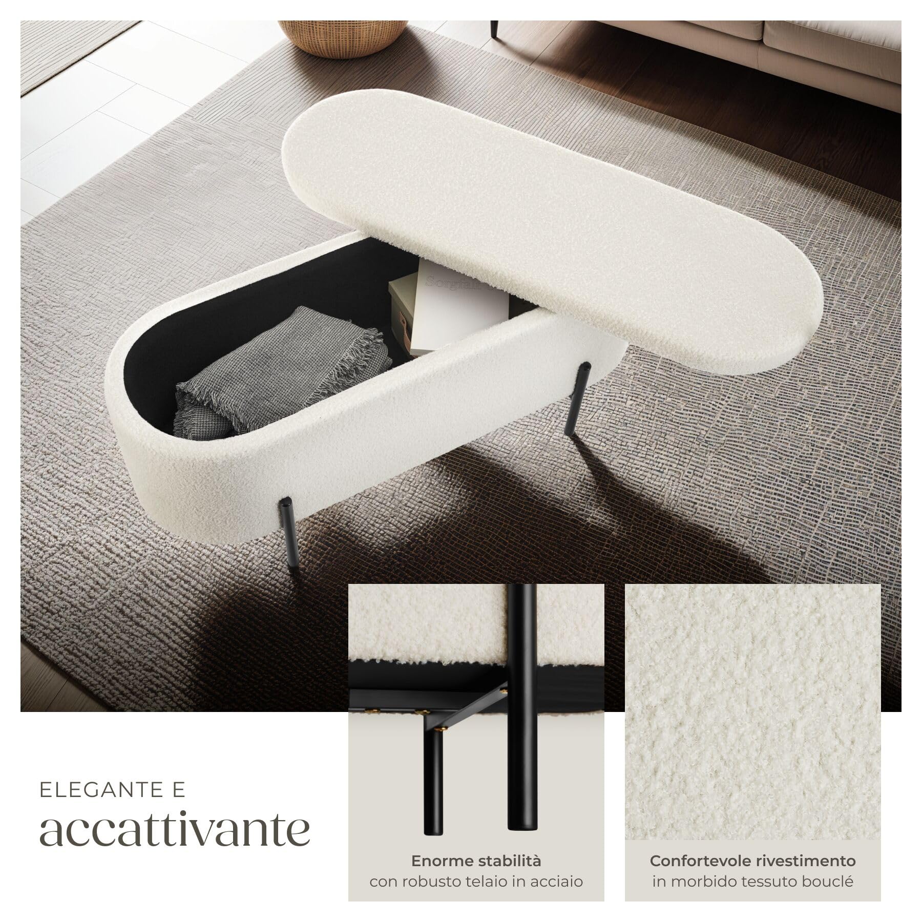 tectake® Panca Imbottita in Tessuto Bouclé, Panca Contenitore con Pratico Spazio Interno, Panca Comoda Pouf Contenitore con Gambe in Acciaio, Panca da Ingresso Design Scandinavo - Crema/Bianco