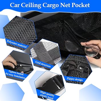 Car Ceiling Cargo Net Pocket with Two Zipper Pockets, Adjustable Double-Layer Polyester Mesh Bag, 90 x 65cm, Black, Universal Fit for Car, SUV, Van