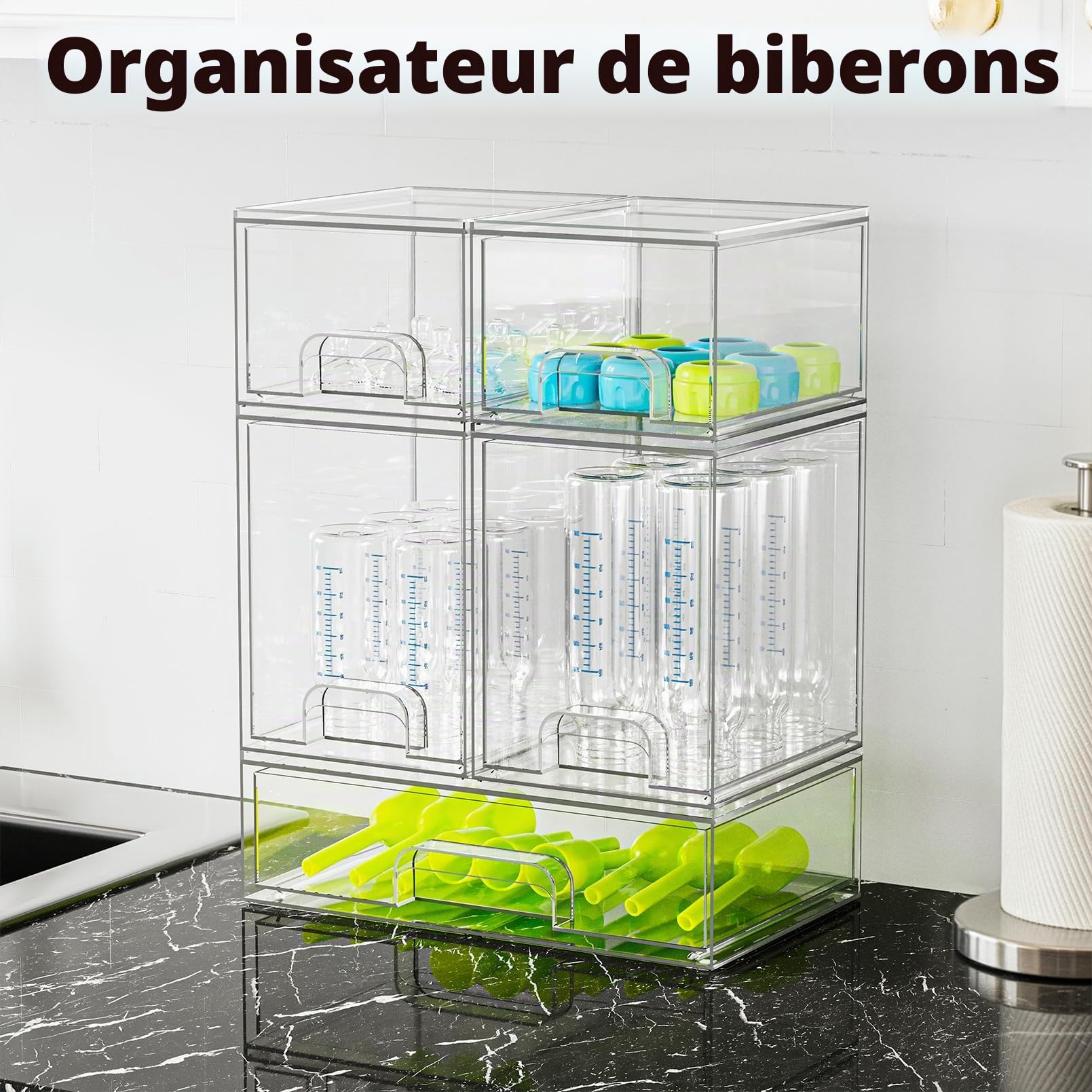SpaceAid Lot de 5 organiseurs de rangement pour bouteilles de bébé en acrylique, tiroirs empilables transparents pour comptoir, coiffeuse, salle de bain, armoire, garde-manger, 2S2M1L, 39,9 cm de haut