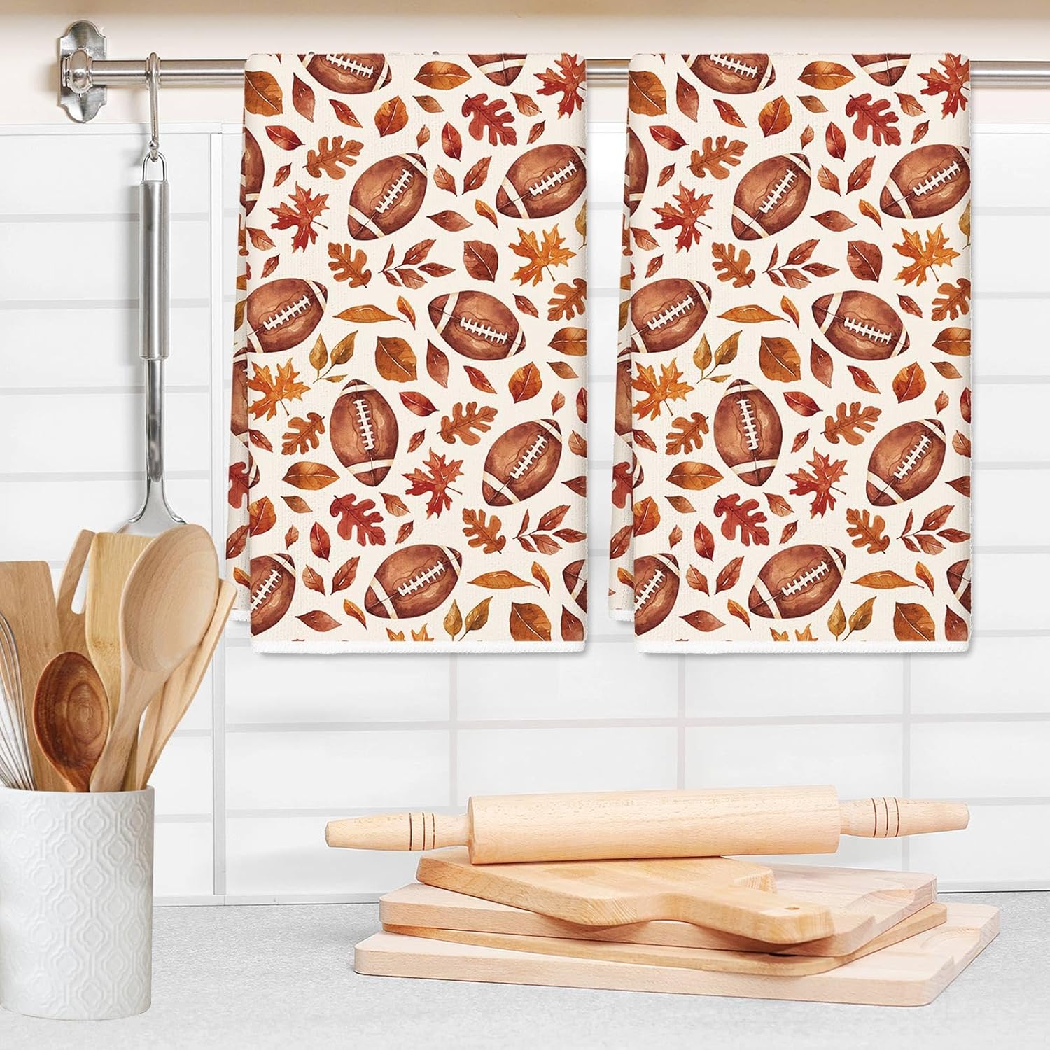 Fall Kitchen Towel 18 x 28 Inch Autumn Maple Leaf Football Dish Towel Farmhouse Decorative Hand Drying Tea Towel for Thanksgiving Harvest Cooking Baking Cleaning, 2Pcs, Brown - Image 6