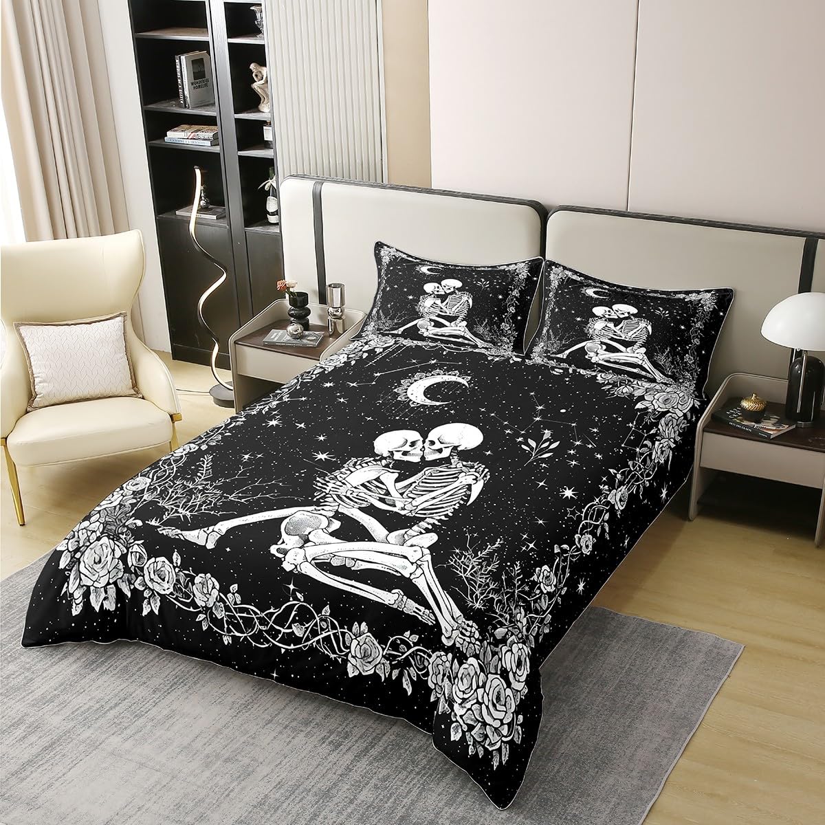 Homewish Sugar Skull King Size Zestawy Pościeli Czarny Goth Szkielet Bawełniana Poszwa Na Kołdrę Boho Kwiatowa Poszwa Na Kołdrę Gotycki Zestaw Łóżek