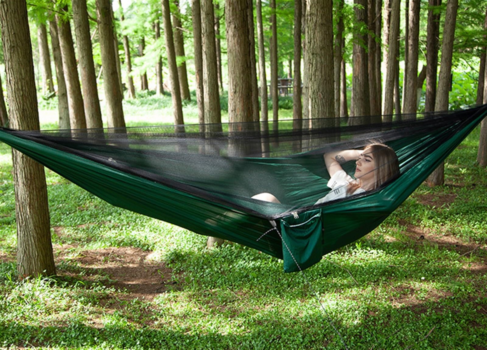 Camping Hamaca para Acampar De 290x140 Cm con Red, Hamacas Ligeras Portátiles Viaje Correas para Árboles Y Mosquetones Hamaca Portátil(Grün)