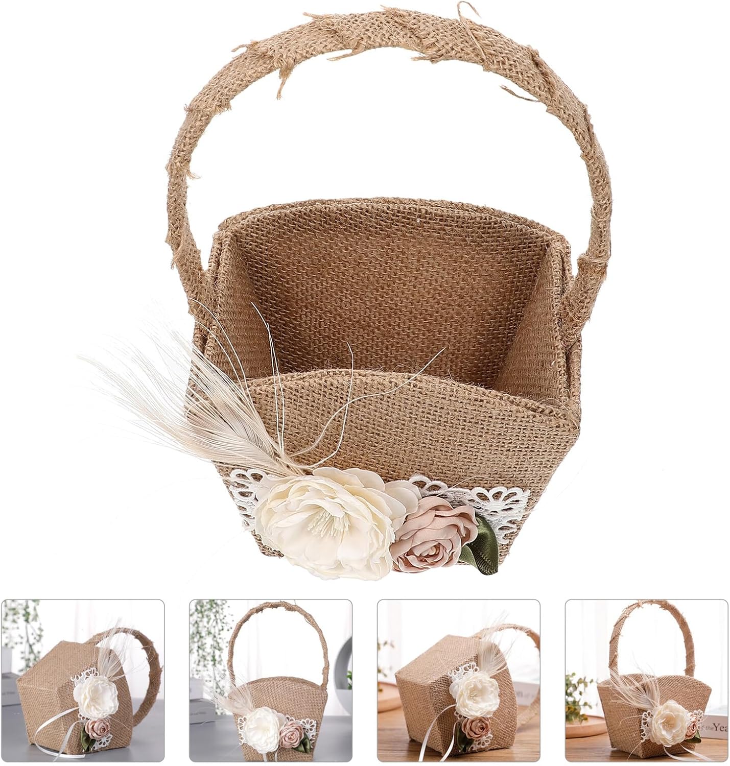 HOMSFOU Wedding Flower Girl Basket Rustic Linen Basket with Decorative Bow Knot, Delicate Petal Holder for Wedding Ceremony and Party Supplies