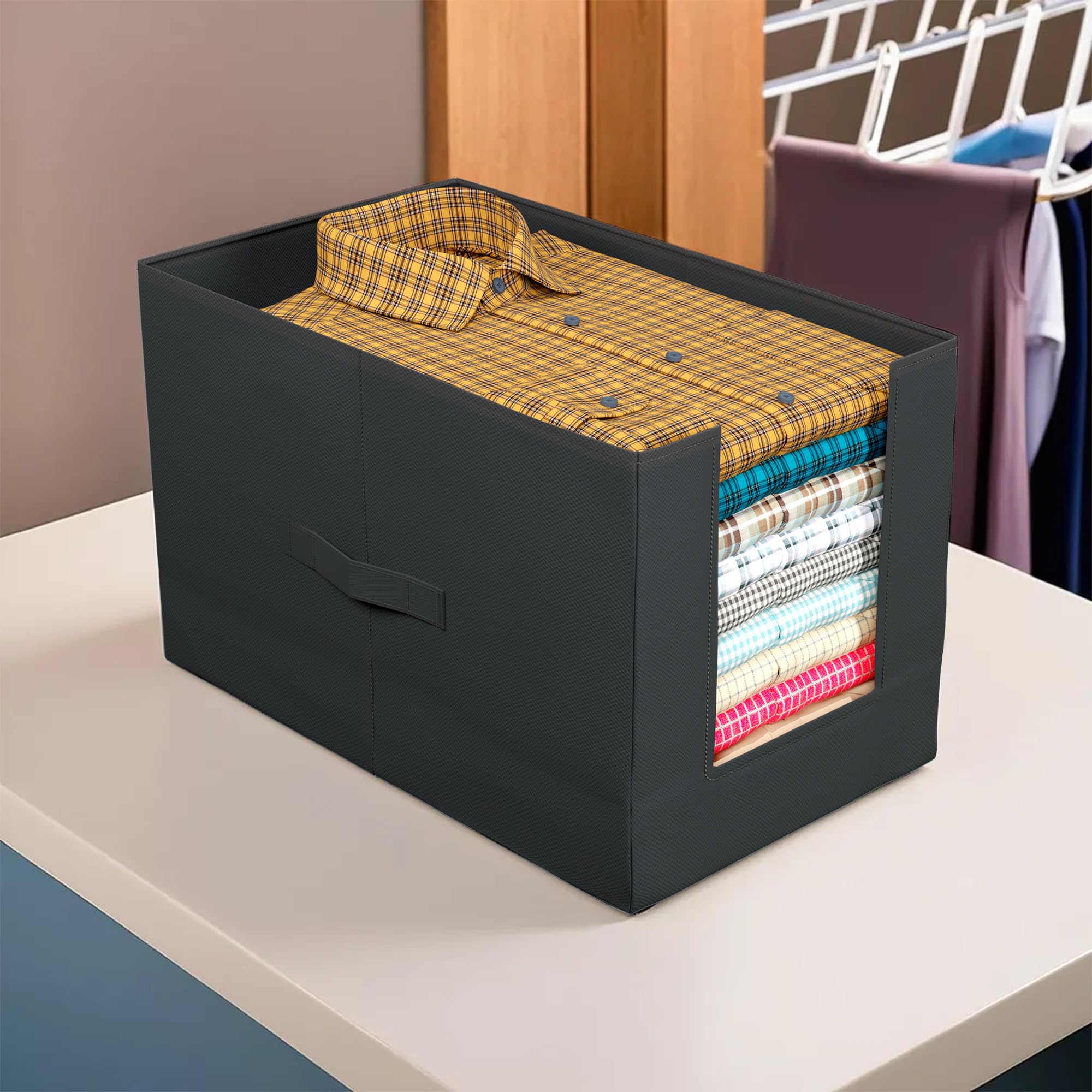 Kuber Industries Shirt Organizer for Wardrobe|Foldable Non Woven Shirt Stacker|Designer Cupboard Organizer for Clothes |Clothes Storage box|Pack Of 2 (Black)