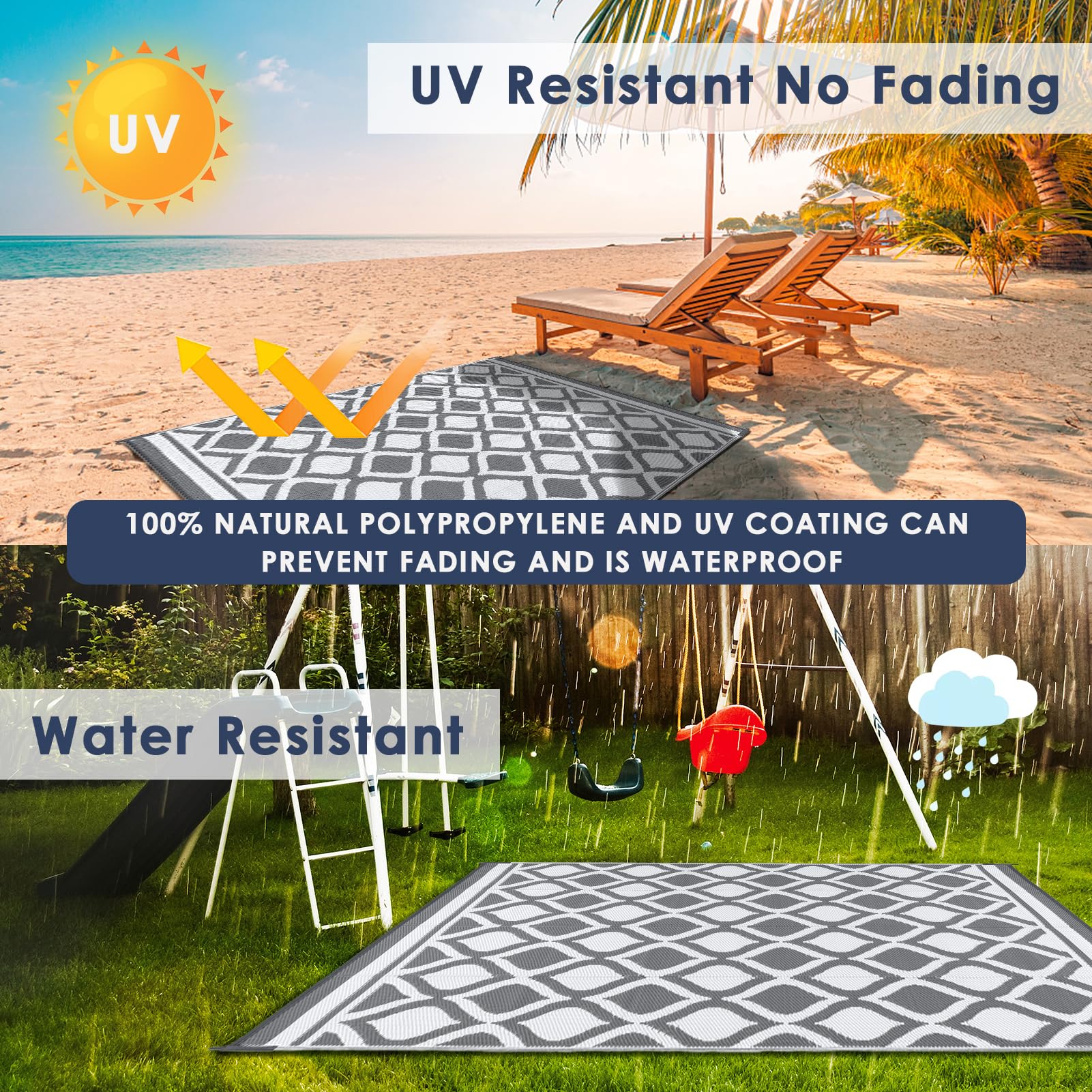 VK·LIVING Grand Tapis d'Extérieur pour Patios Imperméable 180X270cm Tapis de Jardin Réversible Tapis de Sol en Léger Tapis de Patio Pliable et Portable pour Balcon Camping Cour RV Plage Gris&Blanc