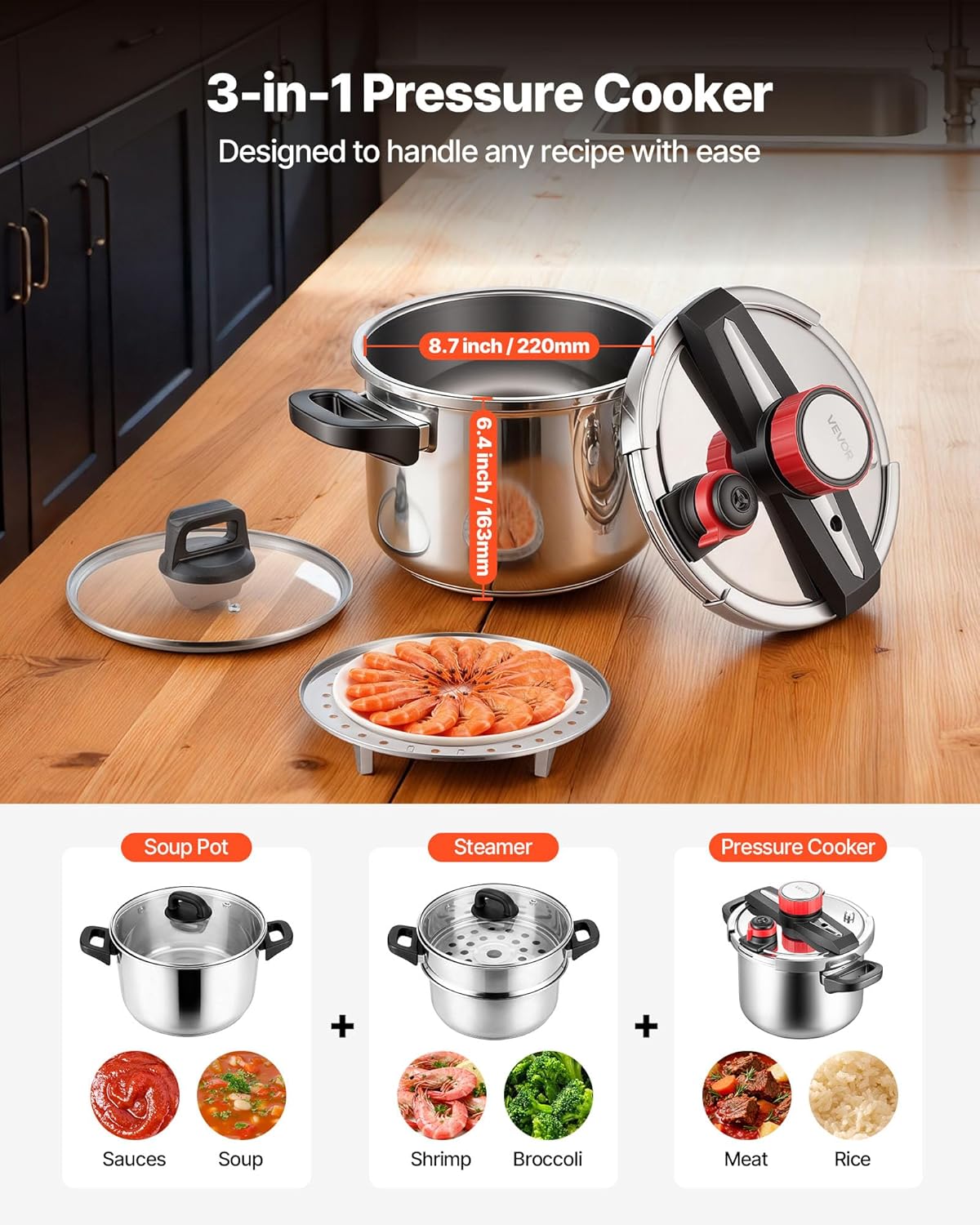 VEVOR Pressure Cooker, 6.3Qt Pressure Cooker Stainless Steel, Pressures Canner with Steaming Rack, Tempered Glass Lid, Three Pressures Settings for Meat, Beans, Rice, Soup, Sauces, Cook up to 100 kPa