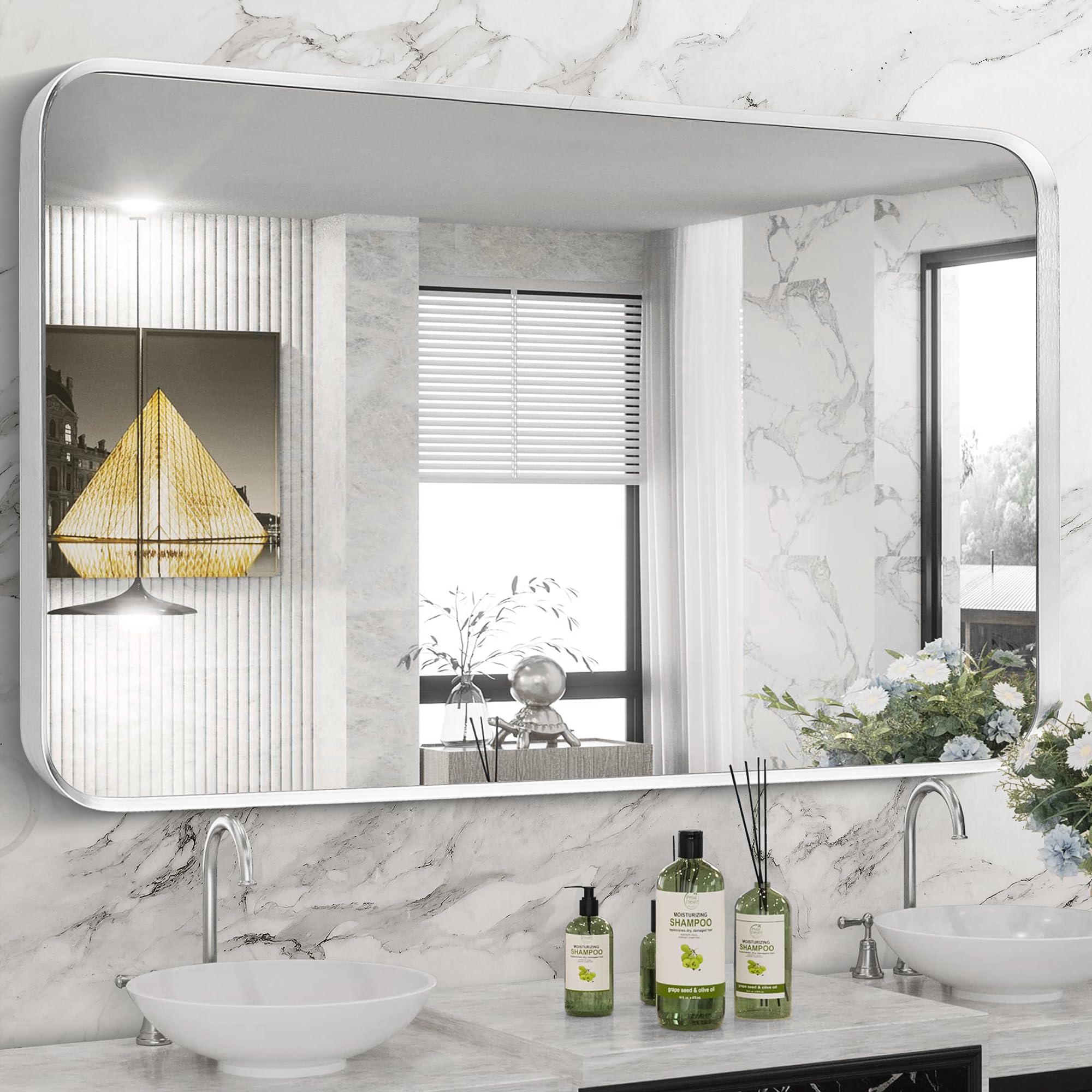 Silver Bathroom Mirror 30x55in, Metal Framed Rounded Rectangle