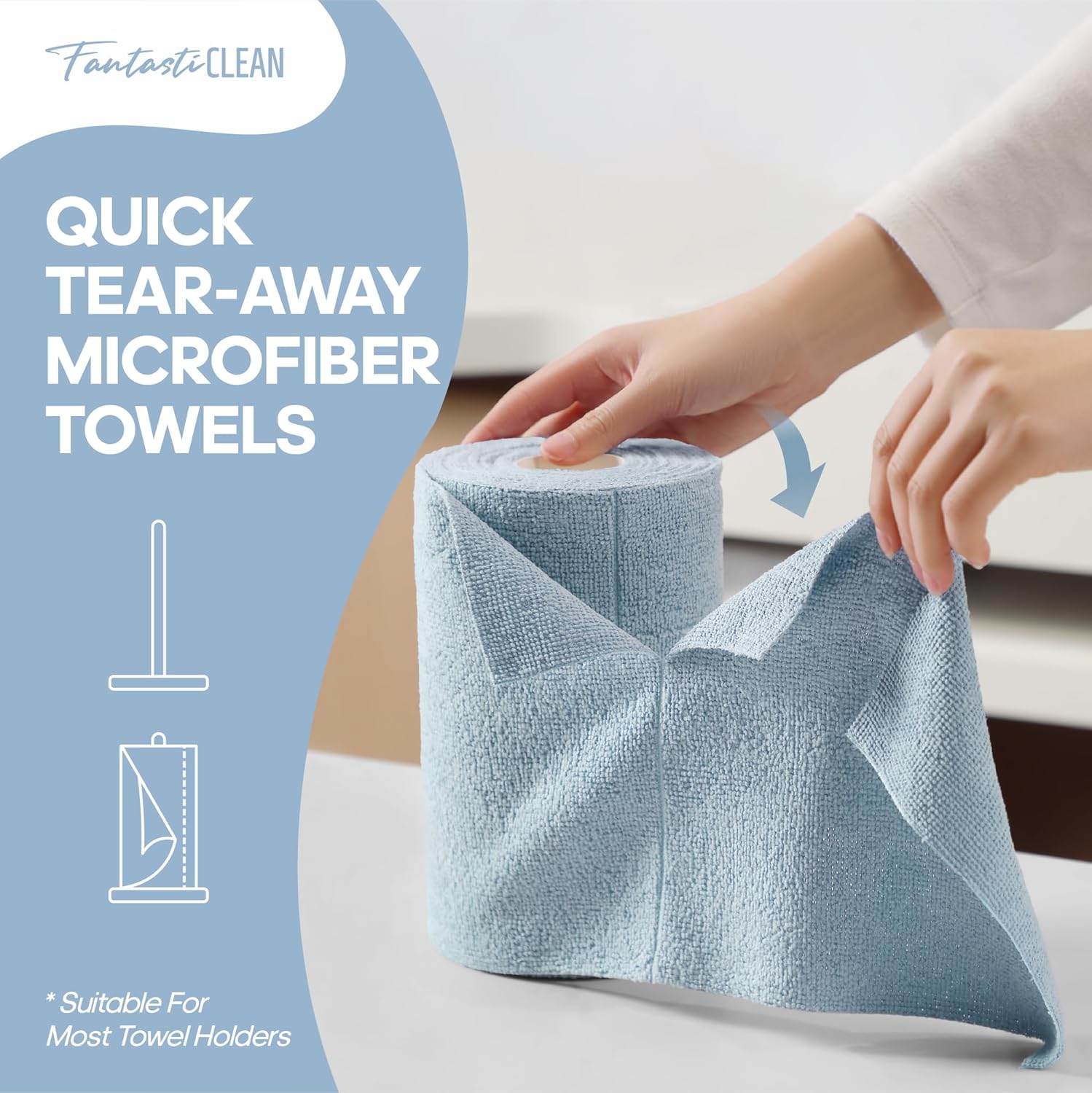 Fantasticlean Microfiber Cleaning Cloth Roll -60 Pack, Tear Away Paperless Towels, 8" x 8", Reusable Washable Rags, for House Kitchen, Pet, Office, Indoor Outdoor, Compact and Portable (Baby Blue)