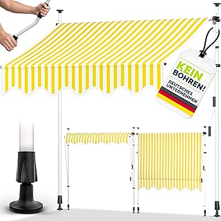 tillvex Klemmmarkise mit Handkurbel Balkon | Balkonmarkise ohne Bohren | Markise UV-beständig & höhenverstellbar | Sonnenschutz Terrasse & Garten wasserdicht (Gelb-Weiß, 250cm)