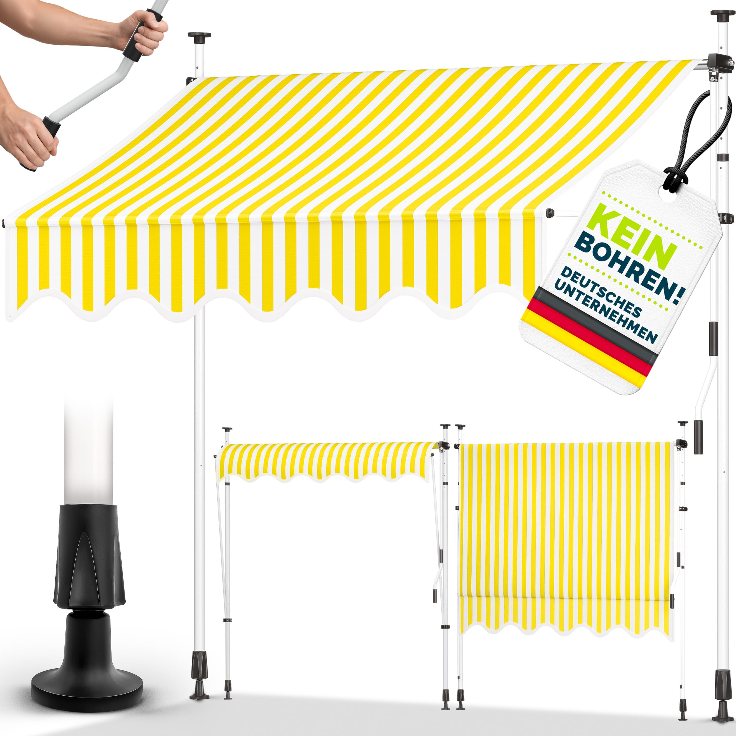 tillvex Klemluifel 250 cm blauw-wit met handslinger balkon | balkonluifel zonder boren | luifel UV-bestendig en in hoogte verstelbaar | zonwering waterdicht