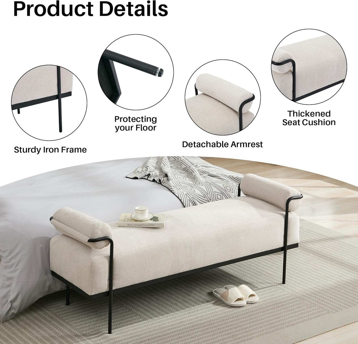End of Bed Bench 61.2",Entryway Bench,Modern Upholstered Bench Ottoman,Chenille Paded Footrest Stool with Metal Legs for Living Room, Foyer Mudroom Hallway,Beige