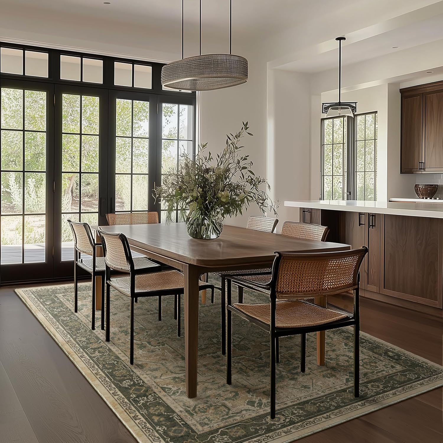 Vintage Distressed 5x7 Area Rugs for Living Room Bedroom Non Slip Washable, Medallion Pattern Printed Low Pile Thin Carpet Rugs for Dining Room/Kitchen/Home Office, Multi Brown Olive Accents - Image 3