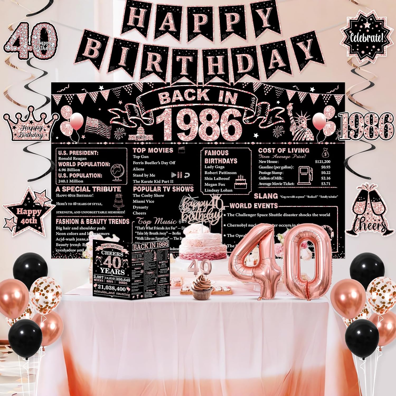40th Birthday Decorations for Women, Rose Gold Black Back in 1986 Party Supplies Kit with Happy 40th Birthday Banner, Crown, Sash, Backdrop, Cake Topper, 40 Years Old Birthday Decorations