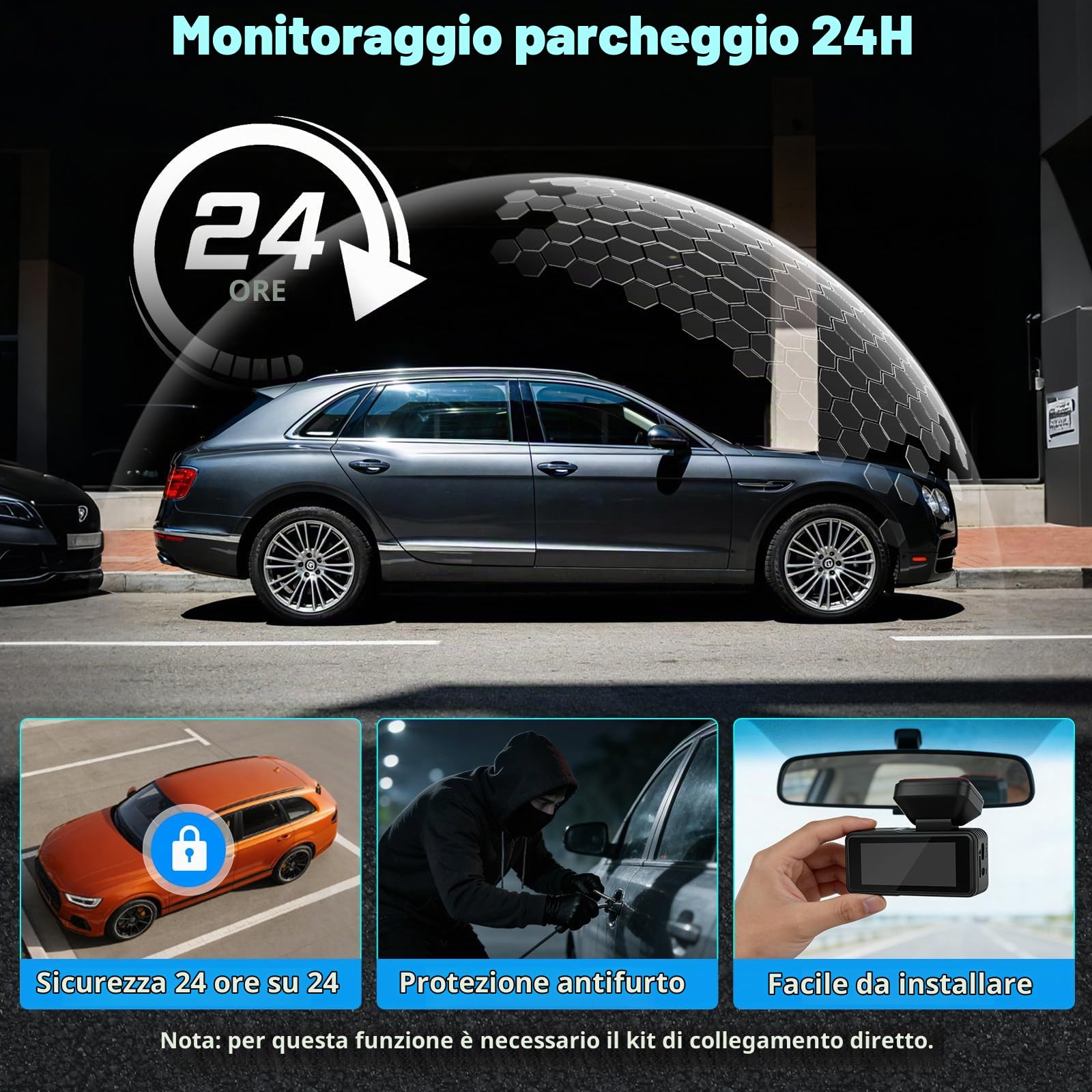 Dashcam Auto 4K Anteriore Posteriore 1080P, Doppia Telecamera | 170° Grandangolo, Visione Notturna, Modalità Parcheggio G-Sensor, Scheda SD 64GB, Installazione Facile