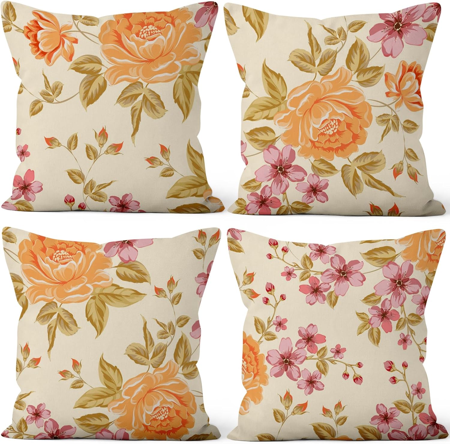 Spring Flower Throw Pillow Covers 18"x18" Set of 4, Vintage Yellow Floral Pillowcases Countryside Cushion Cases for Chair Sofa Bed Living Room Garden Car Indoor Outdoor Home Decoration
