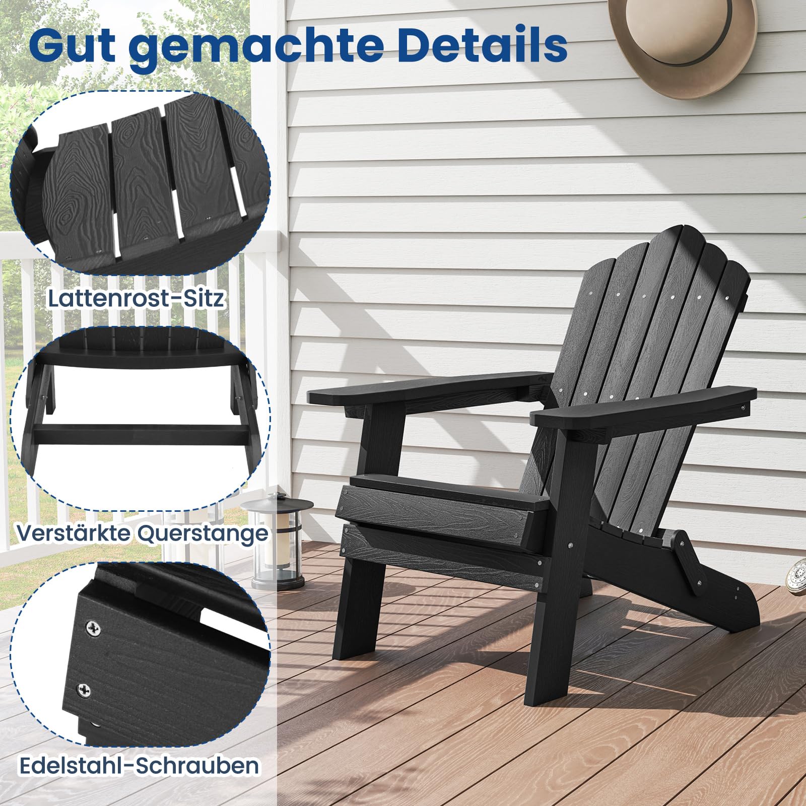 COSTWAY Adirondack krzesło składane, odporne na warunki atmosferyczne Adirondack Chair z tworzywa sztucznego, krzesło ogrodowe z wysokim oparciem i szerokimi podłokietnikami, do ogrodu, na taras,