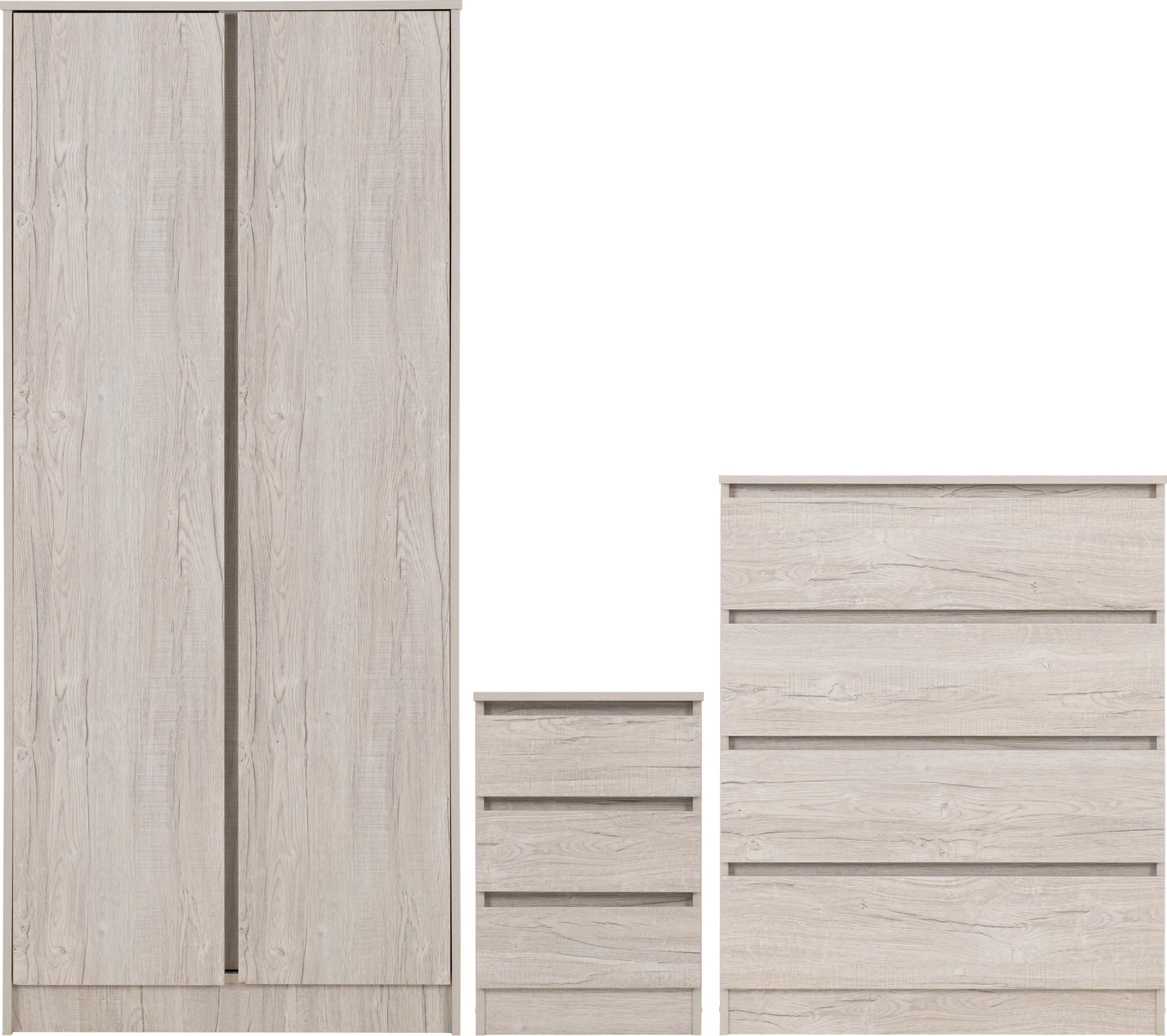 Seconique Malvern Trio Wardrobe, 4-Drawer Chest, Bedside Table - Light Stone