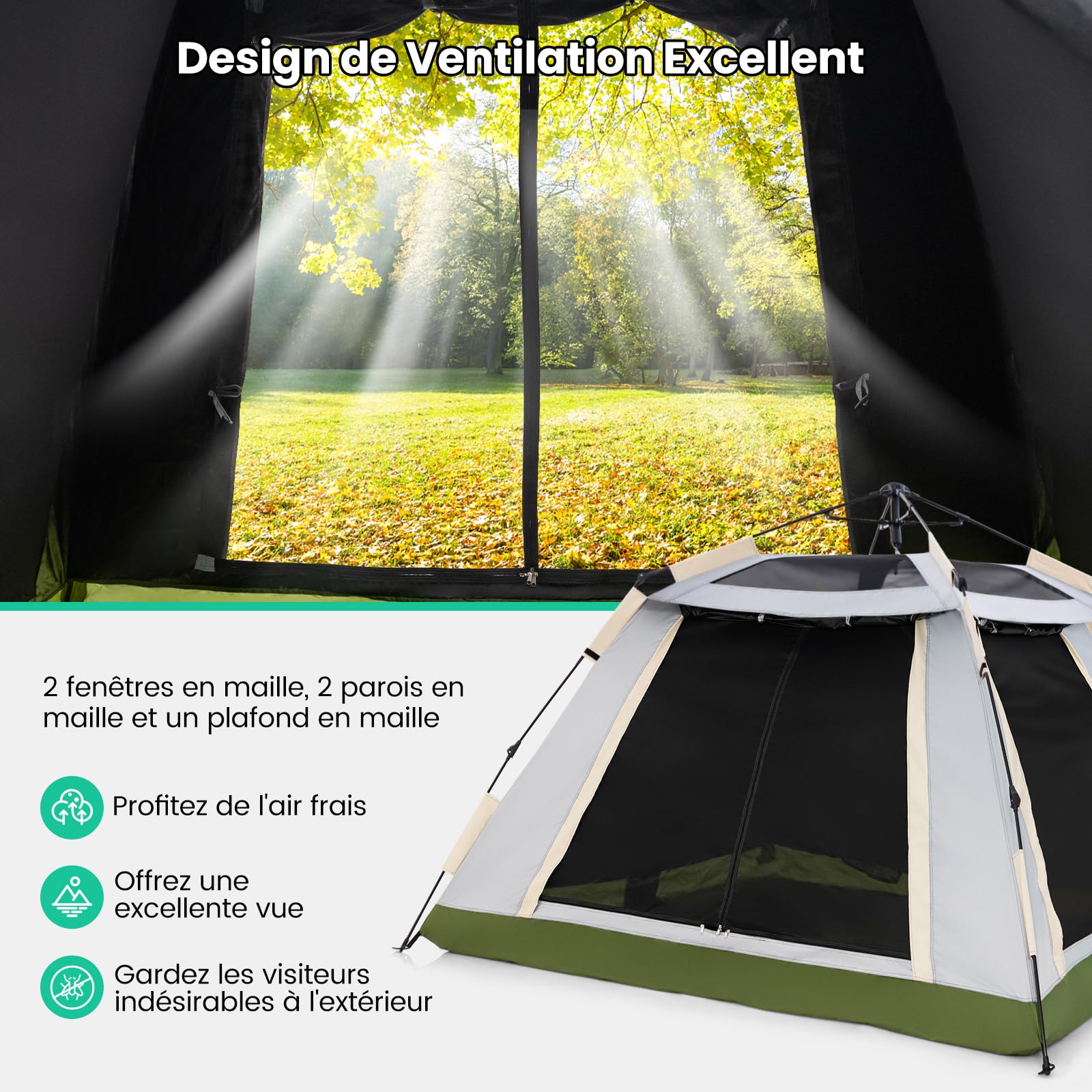COSTWAY Tente de Camping Instantanée 2-4 Personnes, Tente Pop-up avec Auvent Amovible 2 Fenêtres en Maille 2 Portes Zippées Sac de Transport, Imperméable et Portable pour Camping Randonnée