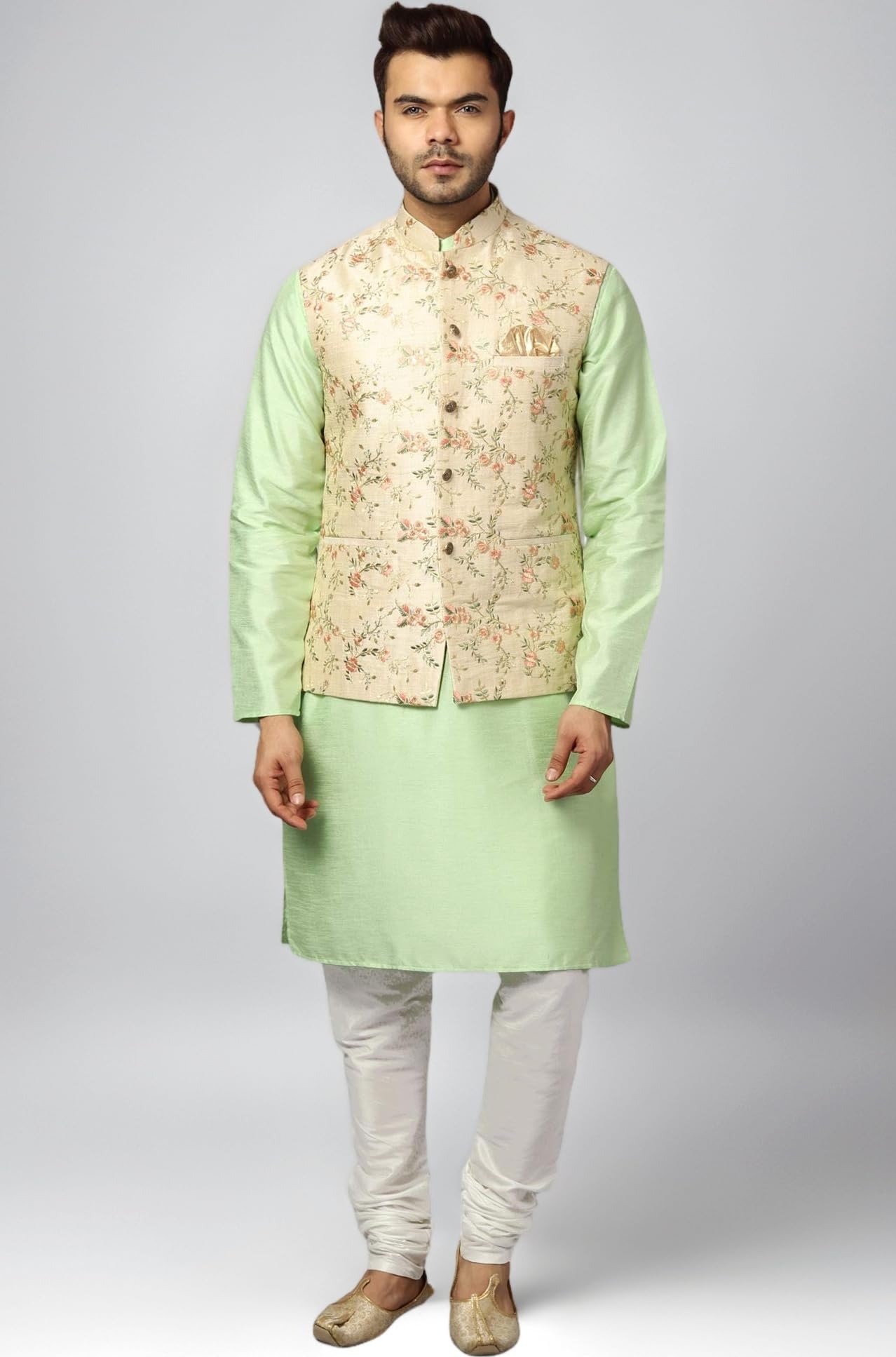 Uri and MacKenzie Men's Silk Blend Kurta Churidar Pyjama with Stylish Nehru Jacket