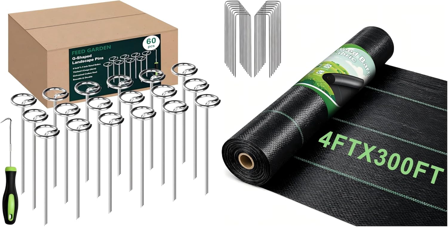 FEED GARDEN 60 Pack Landscape Staples and Weed Barrier Fabric Bundle