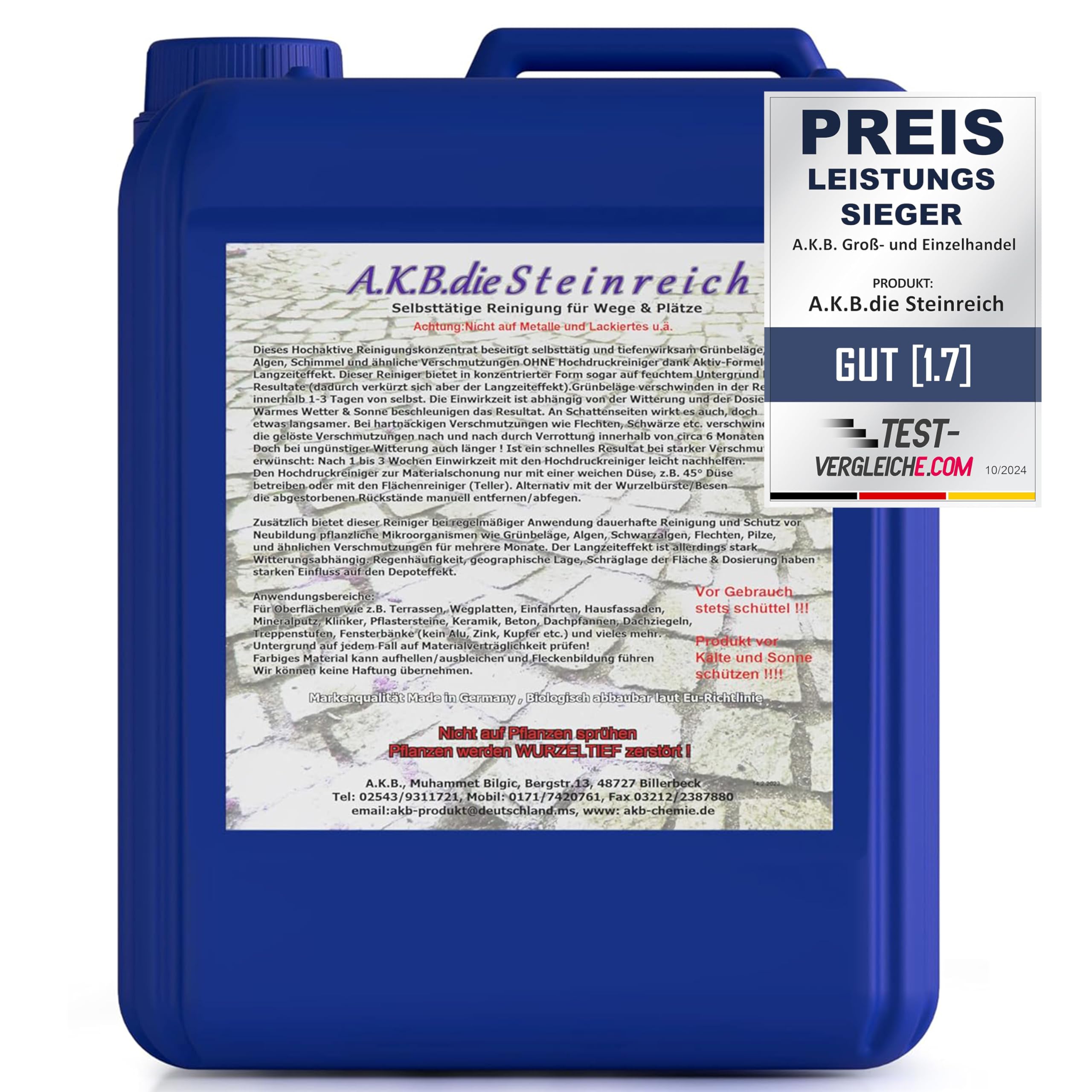 A.K.B. Steinreich Steinreiniger Konzentrat 5 Liter - Grünbelagentferner für saubere Wege, Terrassen & Außenflächen - Steinreiniger Intensiv Aussen