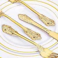 Vista 7 de WDF 120 cubiertos de plástico dorado – Juego de cubiertos desechables de plástico dorado resistente – 40 tenedores, 40 cucharas, 40 cuchillos