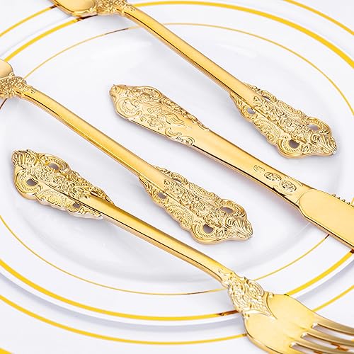 Miniatura 7 de WDF 120 cubiertos de plástico dorado  Juego de cubiertos de plástico dorado resistente  40 tenedores, 40 cucharas, 40 cuchillos, perfecto para