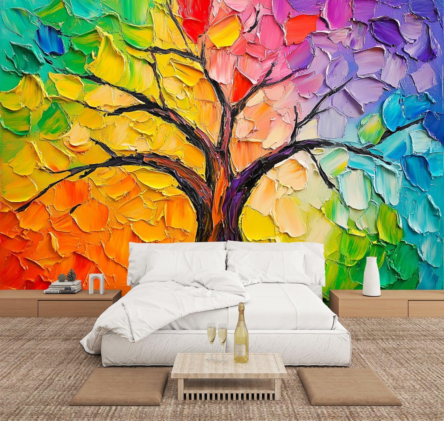 Tree Art Colorful Rainbow Thick Strokes Leaves Curved Branches Canopy Wall Mural Peel & Stick Wallpaper Removable Self-Adhesive Large Wall Sticker Wall Decor for Bedroom Living Room Nursery 100"x144"