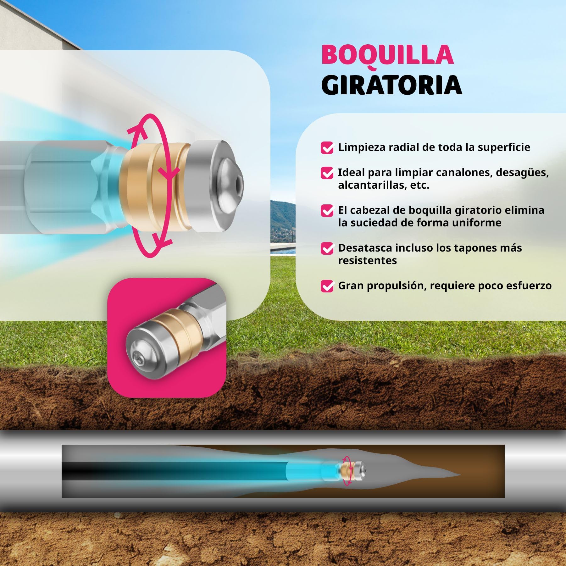 tectake® Juego Manguera Limpieza Tuberías 8 Piezas, Boquilla Giratoria, Adaptadores Hidrolimpiadora, Limpia Canalones, Manguera Presión, Desatascador Tuberias, Manguera Flexible - 30 metros
