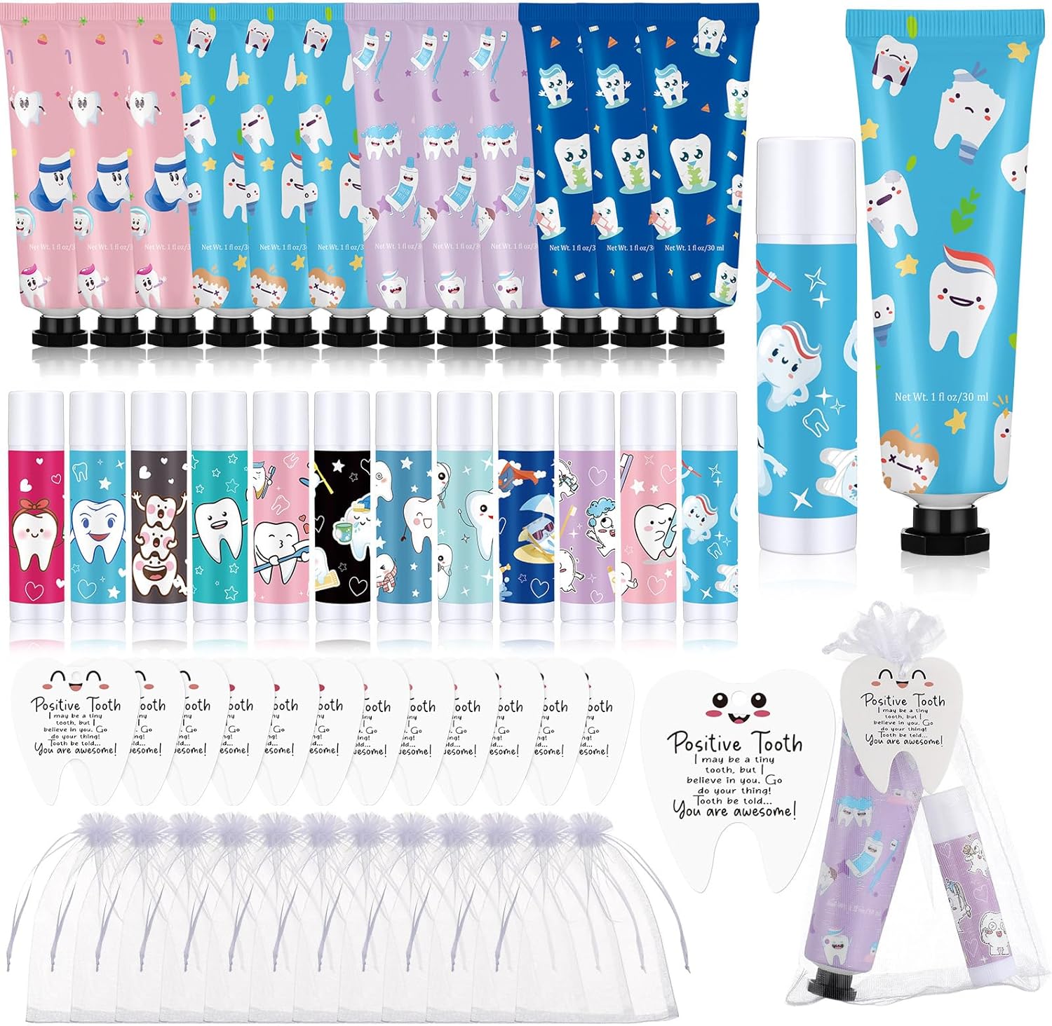 Loopeer 24 Sets Dental Hygiene Gifts Dental Assistant Graduation Gifts Hygienist Appreciation Gift Moisturizing Lip Balm Hand Cream Dentist Thank You Gift with Cards Organza Bags for Nurse Week