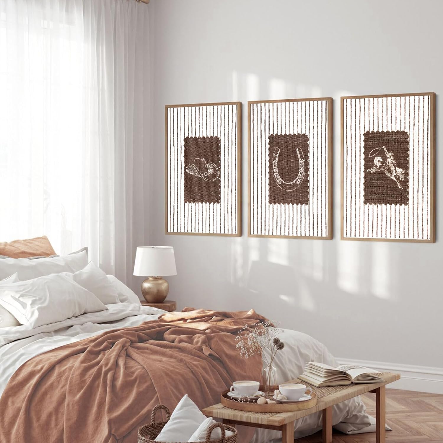 3Pcs Western Cowboy Wall Art Vintage Striped Cowboy Rodeo Wall Decor Pictures Retro Neutral Gallery Posters Prints for Boys Room Bathroom Bedroom Home Decoration Unframed 16x24in