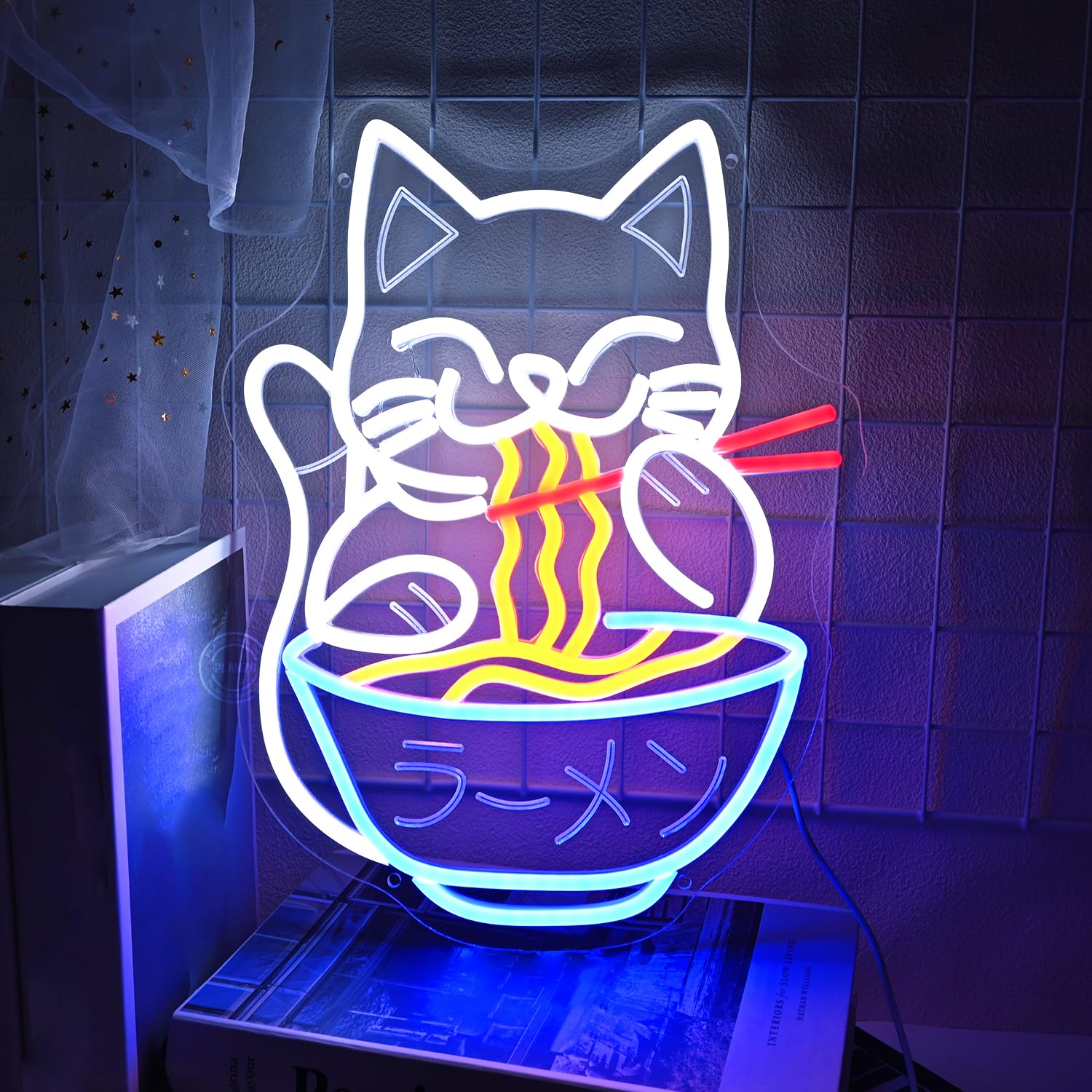 Planzo Cat Ramen Neon Sign Light Japanese Noodle Resturant Home Bar Pub Kitchen Dining Cafe Shop Cut Cat USB Warm White 40x29cm