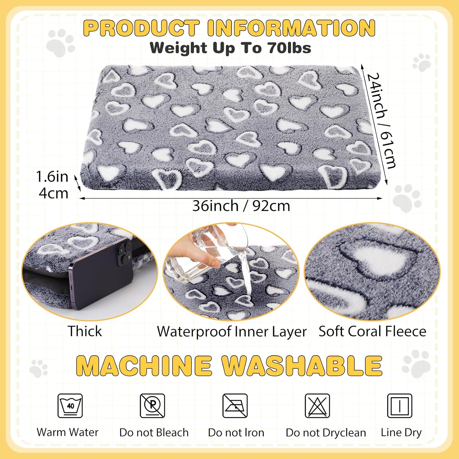 VitalCozy 3 Pcs Waterproof Reversible Dog Crate Pad Warm and Cool Dog Cats Bed Mat for Crates Sleeping Mat Cozy Heart Pattern Pet Bed for Puppy Cat Puppy Kitten Cushion Carrier, Grey(36"x24"x1.6")