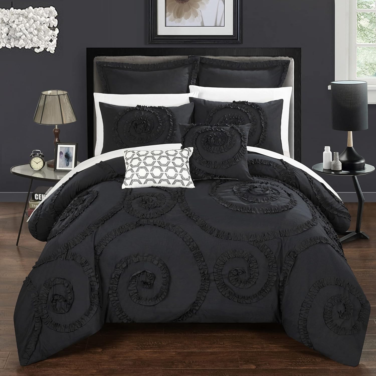 Chic Home CS2214-AN 7Piece Rosalia Floral Ruffled Etched Embroidery Comforter Set Black, King
