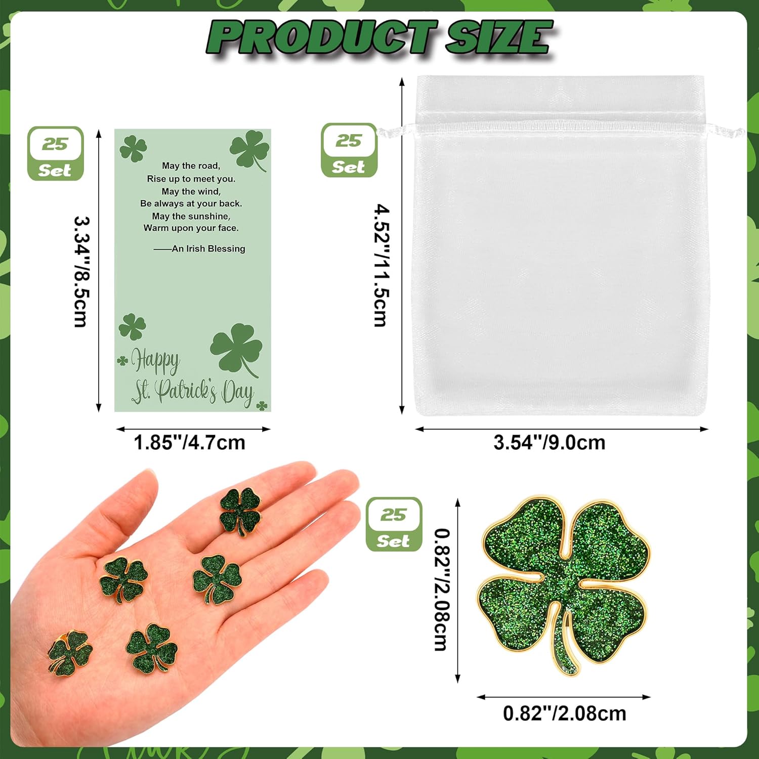 25/50/100 Sets St. Patricks Day Lapel Pins Bulk Four Leaf Clover Pins Irish Shamrock Pin Brooches With Blessing Cards for St. Patrick’s Day Gift Party Favors Jewelry Accessories - Image 3