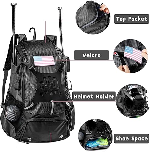 Miniatura 5 de Mochila de béisbol para jóvenes, niños, adultos, bolsa de equipo de bate y sóftbol con soporte para guantes, casco, compartimento para zapatos,