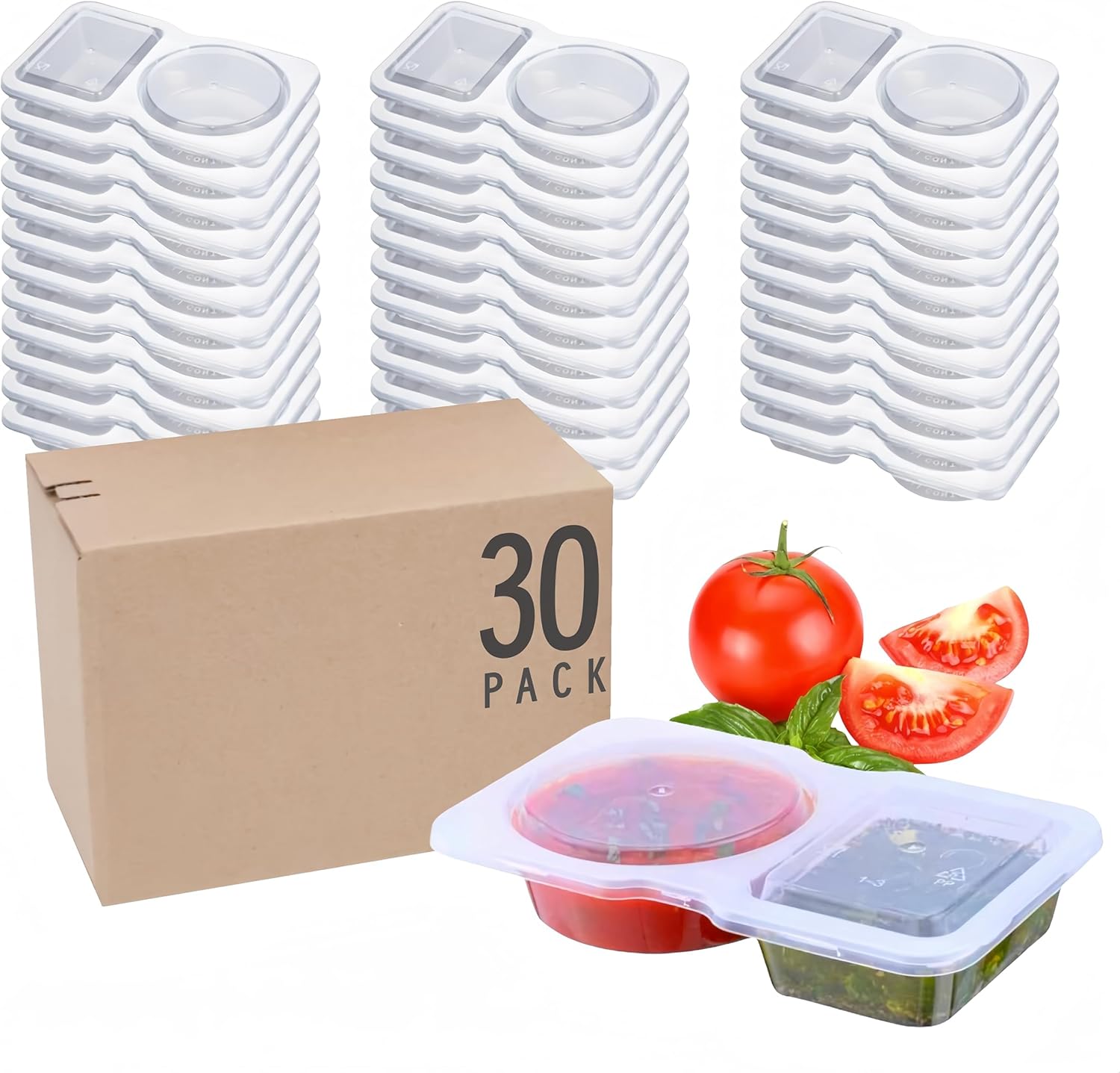 Fangool 30pcs Double Compartment Condiment Container with Lid for Dip, Sauce, Sampling and Travel Snacks