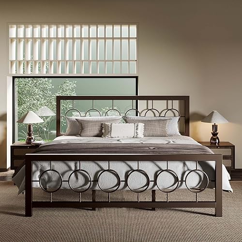 Miniatura 11 de Allewie Marco de cama de plataforma de metal de tamaño matrimonial con cabecera de estilo moderno y vintage, no necesita somier, fácil montaje, sin