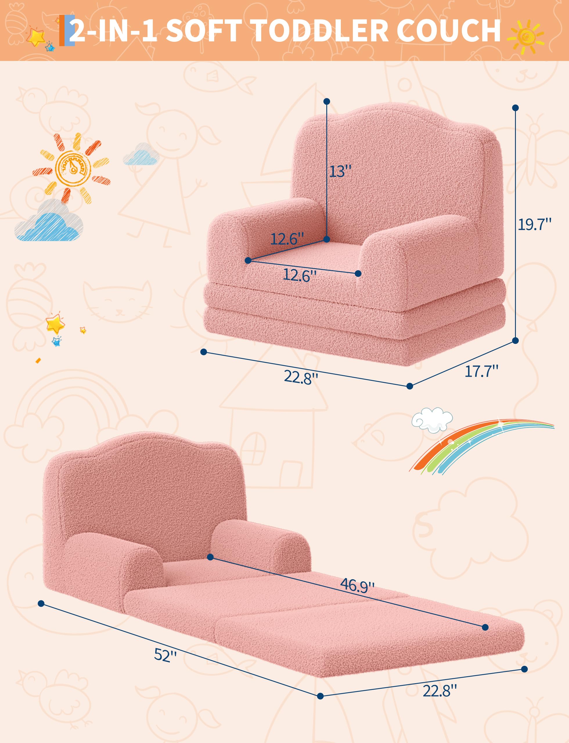 GarveeHome Rosa Kinder-Sessel, Weiches & bequemes Kindersofa für Kinderzimmer, Wohnzimmer, Schlafzimmer & Innenraum, Größe 58 x 45 x 50 cm