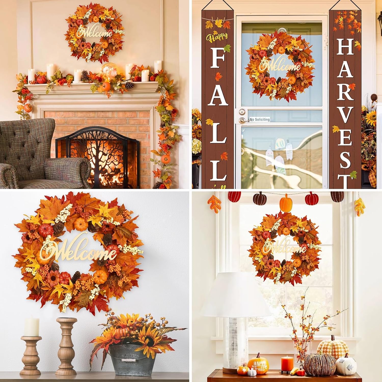 Waipfaru Fall Decor, 2 Pack Fall Wreaths for Front Door, Autumn Wreath with Lights and Welcome Sign, 20'' Outdoor Reef for Thanksgiving Farmhouse Front Porch Patio Decoration