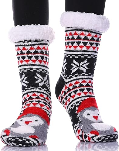 Dosoni Calcetines de invierno mullidas para mujer, cálidos, antideslizantes, con forro polar grueso y forro polar, calcetines de Navidad con agarres