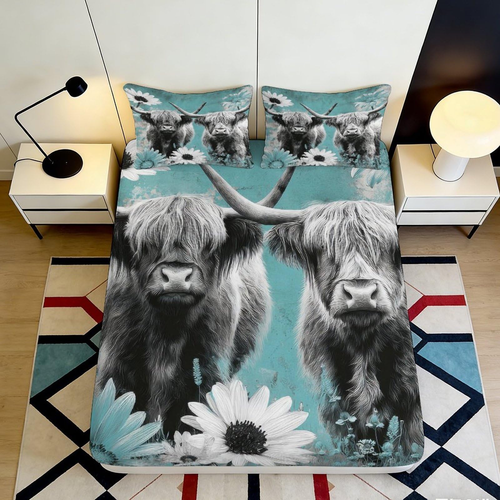 3D Printed Highland Cow Fitted Sheet Microfiber Turquoise Floral Mattress Cover Anti-Slip for Bedroom Guest Room Decor 140x200x25cm