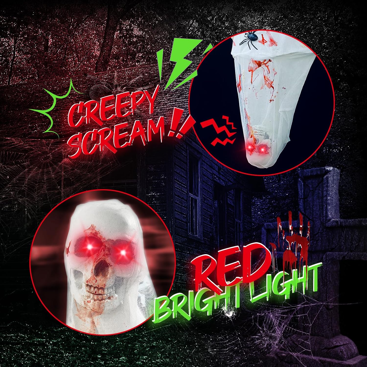 Halloween Decoration Hanging Scary Cocoon Corpse Ghost, Red LED Light Eye and Creepy Sound Cocoon Corpse for Halloween Decoration, Party, Yard, Tree, Door, House, Home