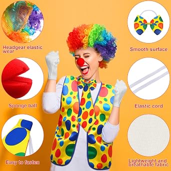 Funtery 12 Pcs Clown Costume Set - Clown Nose, Vest, Wig, Bow, Tie, White Gloves for Circus Cosplay Party