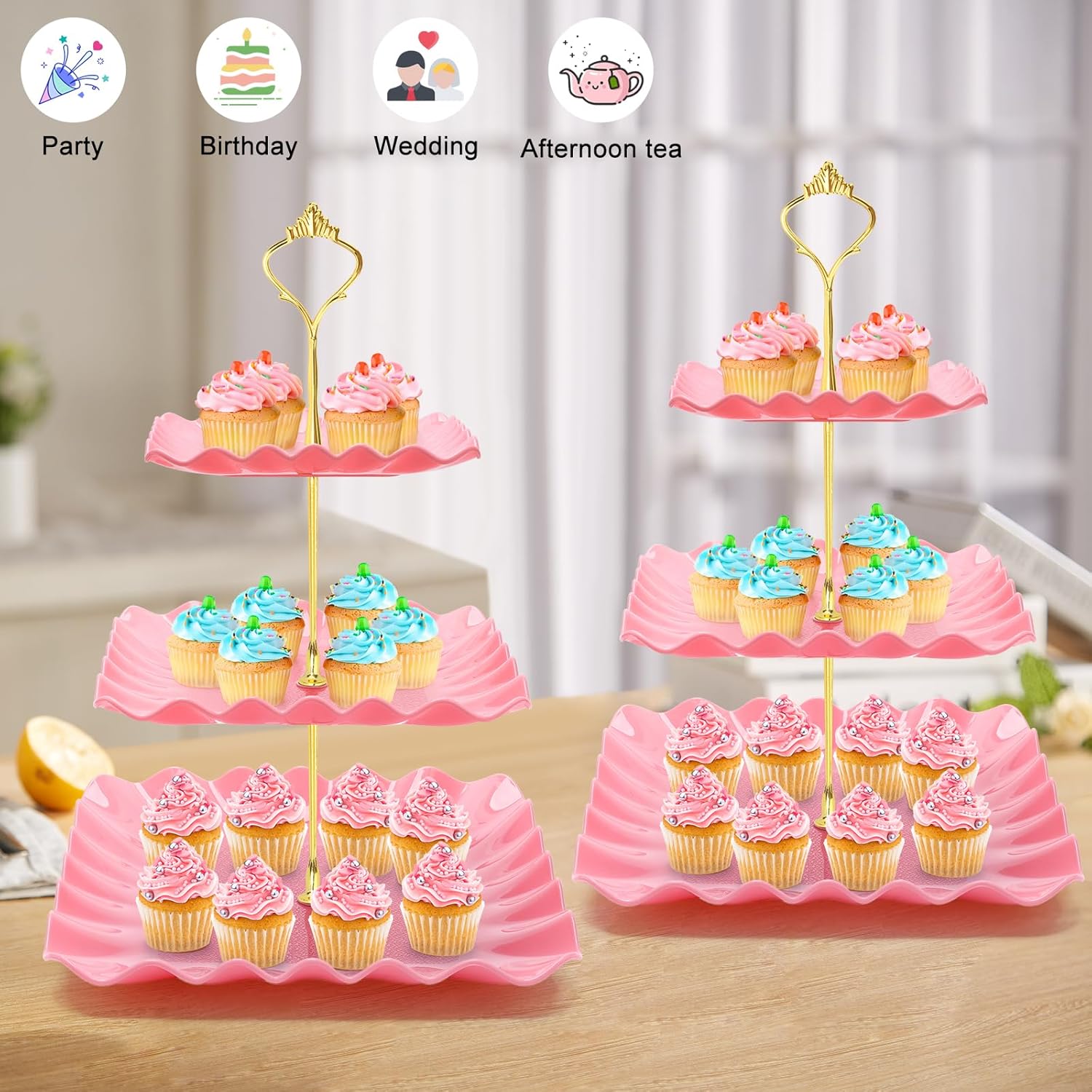 Coitak 8 Pieces Cupcake Stand Set, 2 PCS 3 Tier Cupcake Stands with 3 PCS Appetizer Trays, 3 PCS Serving Tongs, Dessert Tower Tray for Tea Party (Pink)